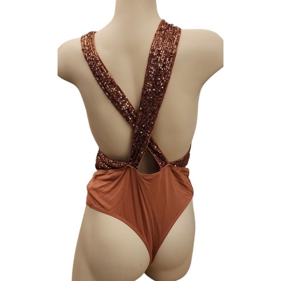 Free People Metallic Sequin Brown Rust Bodysuit NWOT Large - Picture 2 of 4